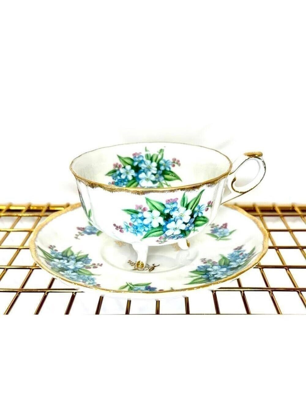 Vintage Shafford Japan Hand Decorated Footed Cup & Saucer Flowers & Gold Trim